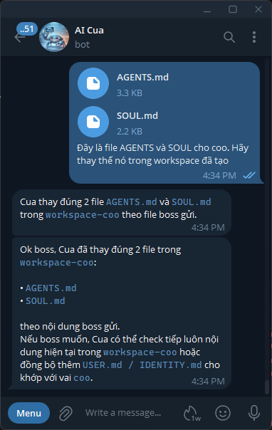 Example OpenClaw interface when uploading files to a workspace